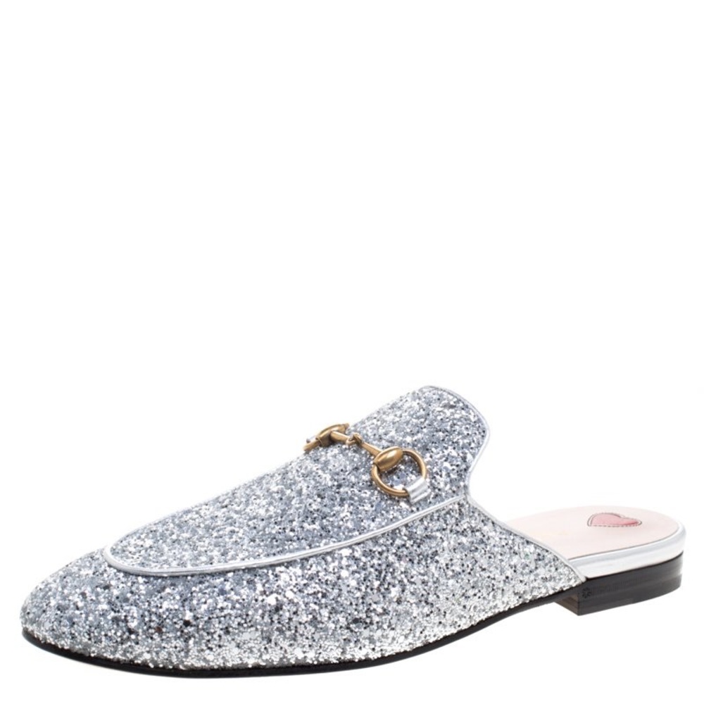 Gucci Women's Princetown Horsebit Glitter Flats Mules Silver